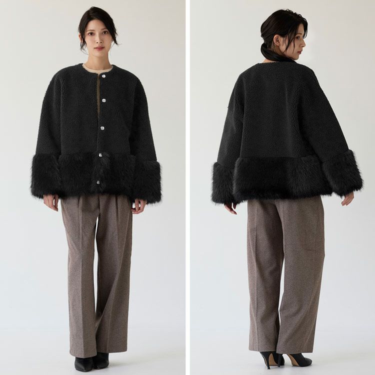 フェイクファージャケットムートン調ノーカラーレディース全2色