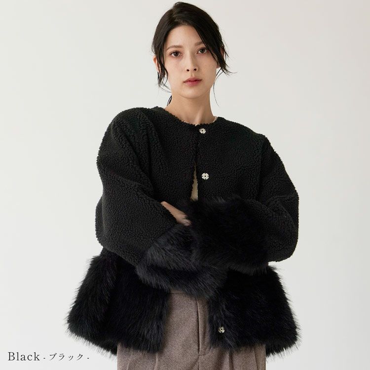 フェイクファージャケットムートン調ノーカラーレディースブラック