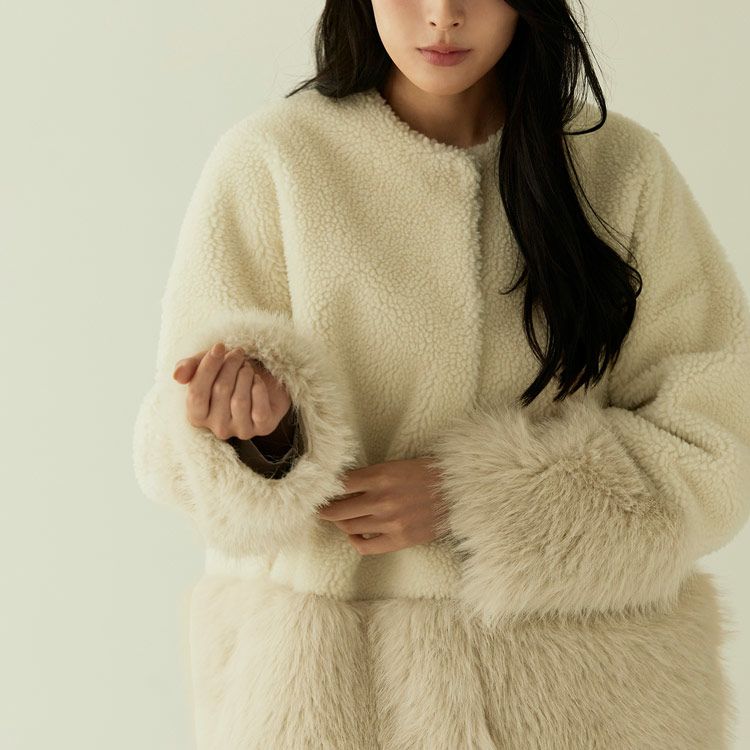 フェイクファージャケットムートン調ノーカラーレディースベージュ