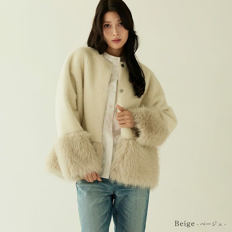 フェイクファージャケットムートン調ノーカラーレディースベージュ