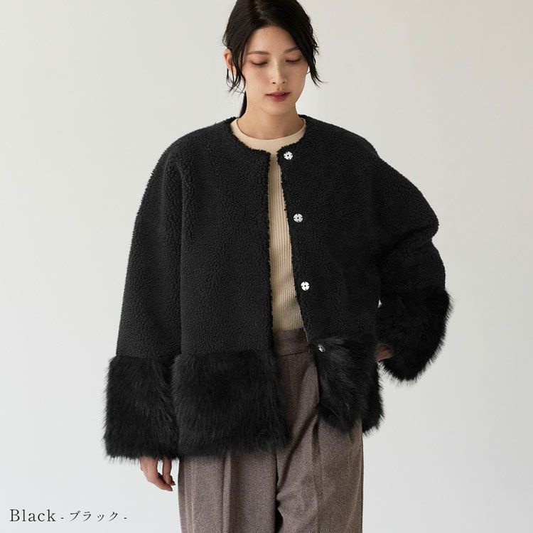 フェイクファージャケットムートン調ノーカラーレディースブラック
