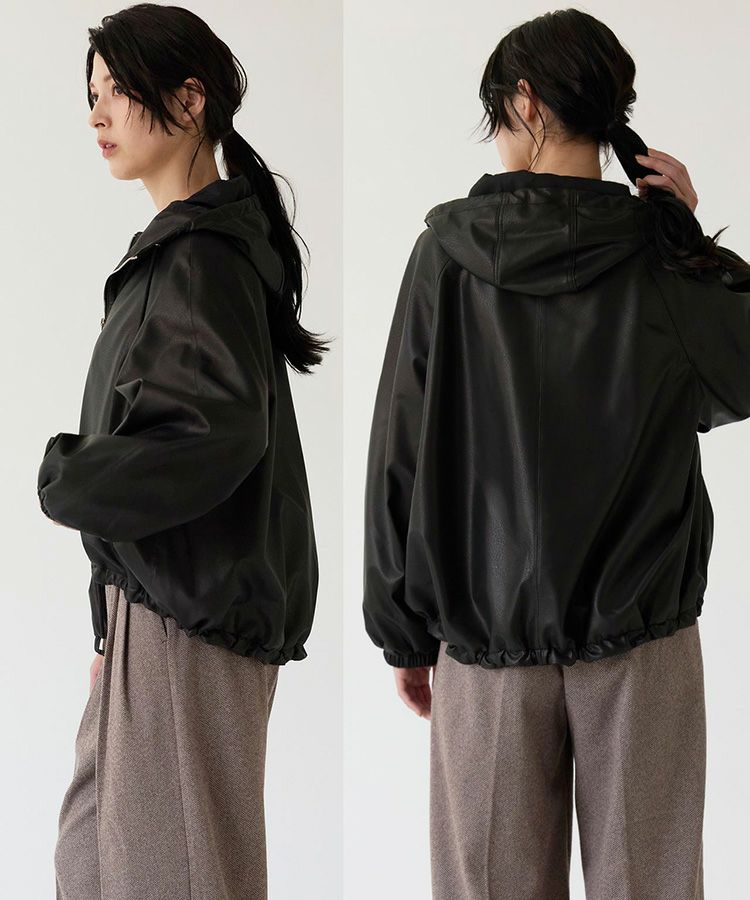 ラムレザージャケットフード付きブラック軽量