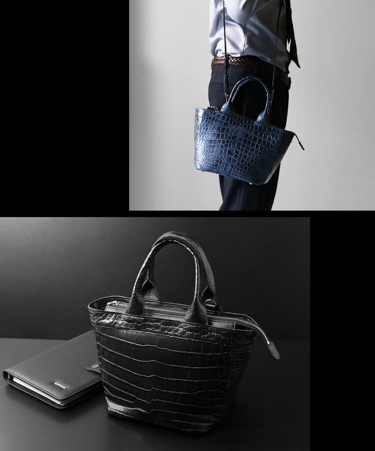 クロコダイルミニトートバッグメンズ日本製本革ショルダー2WAY