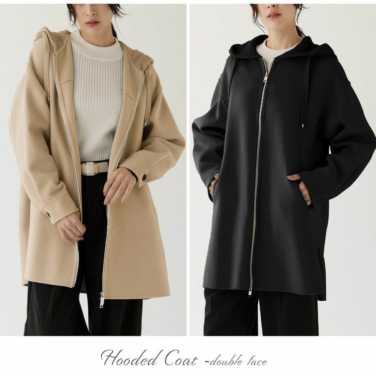 フード付きコートダブルフェイスレディースパーカーアウター秋冬ウールコートロング丈ウール混