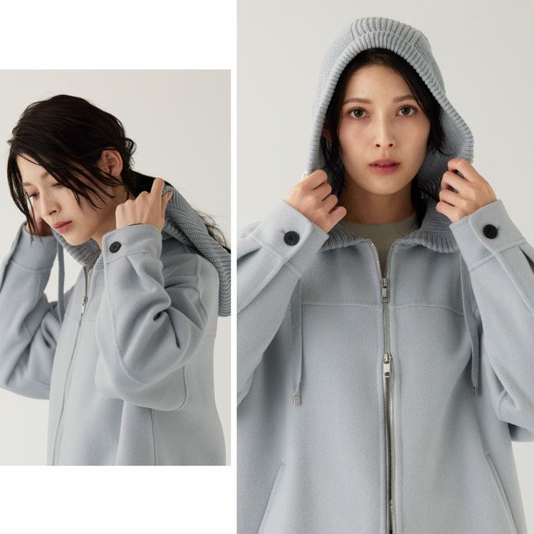 フード付きコートダブルフェイスレディースパーカーアウター秋冬ウールコートロング丈ウール混