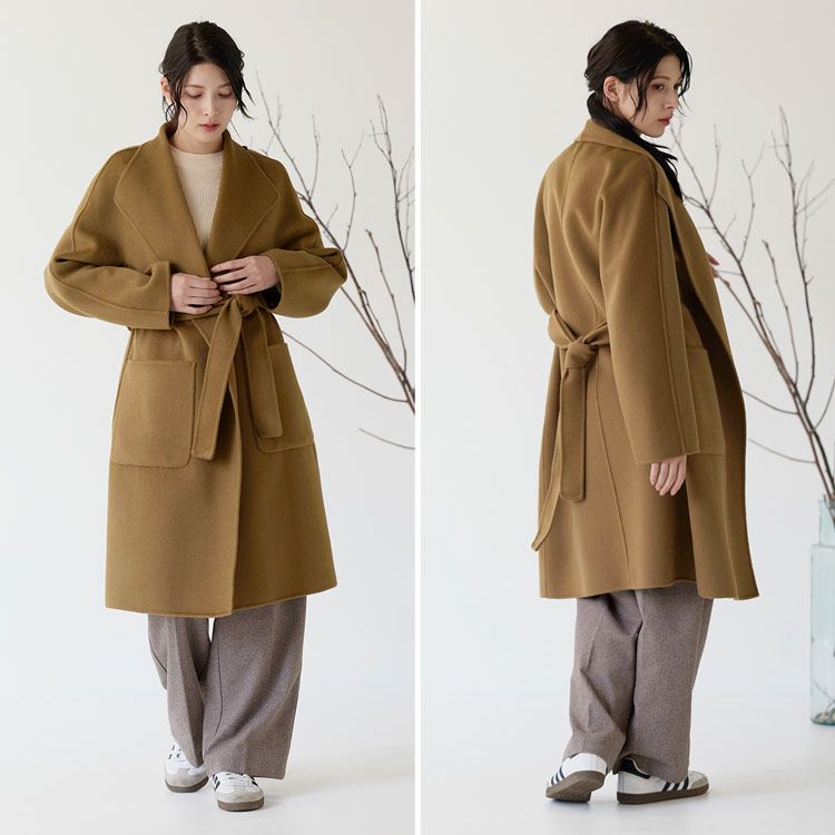 チェスターコートレディースウール100%ロングゆったりガウンラップロング丈ウエストベルト(08000340r)