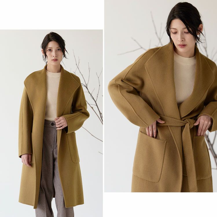 チェスターコートレディースウール100%ロングゆったりガウンラップロング丈ウエストベルト(08000340r)