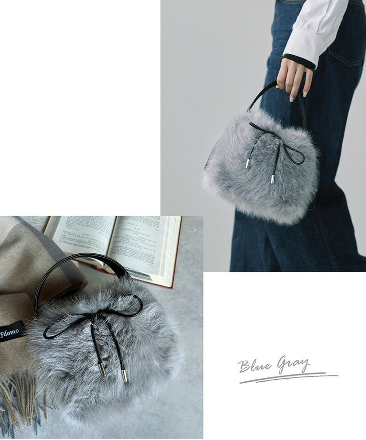 ふわふわエコファーバッグブルーグレー