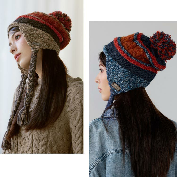 耳当て付きニット帽三つ編みポンポンレディースイタリア製糸