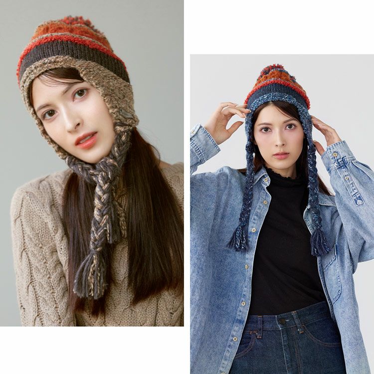 耳当て付きニット帽三つ編みポンポンレディースイタリア製糸