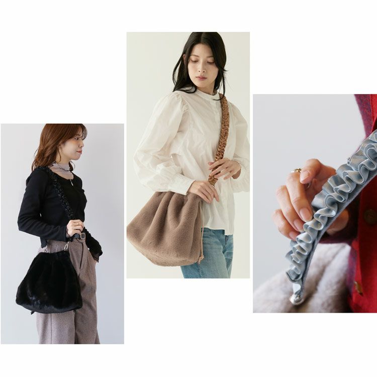 ファーバッグレディースエコファー巾着バッグショルダーバッグフリルフェイクファーA4(07000693r)