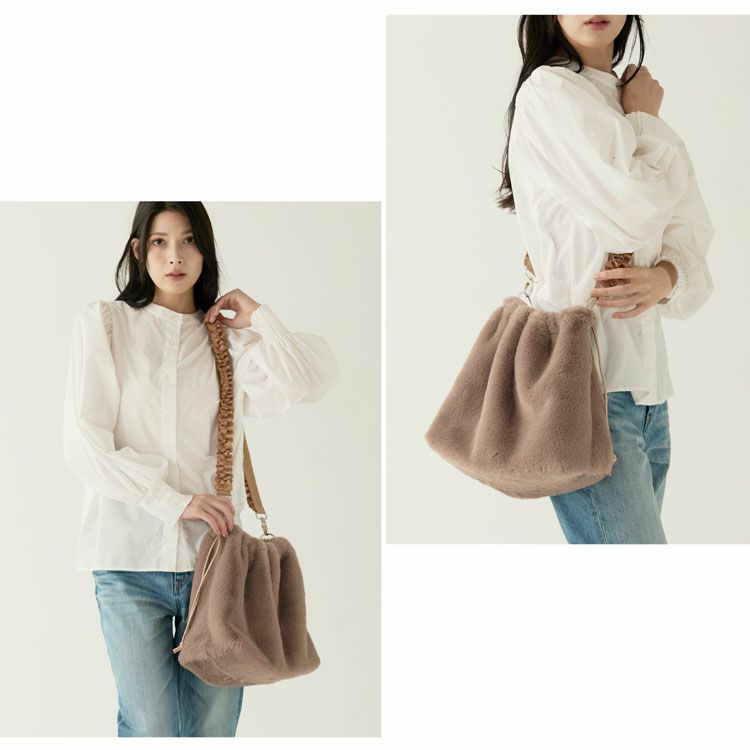 ファーバッグレディースエコファー巾着バッグショルダーバッグフリルフェイクファーA4(07000693r)