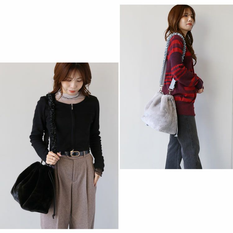 ファーバッグレディースエコファー巾着バッグショルダーバッグフリルフェイクファーA4(07000693r)