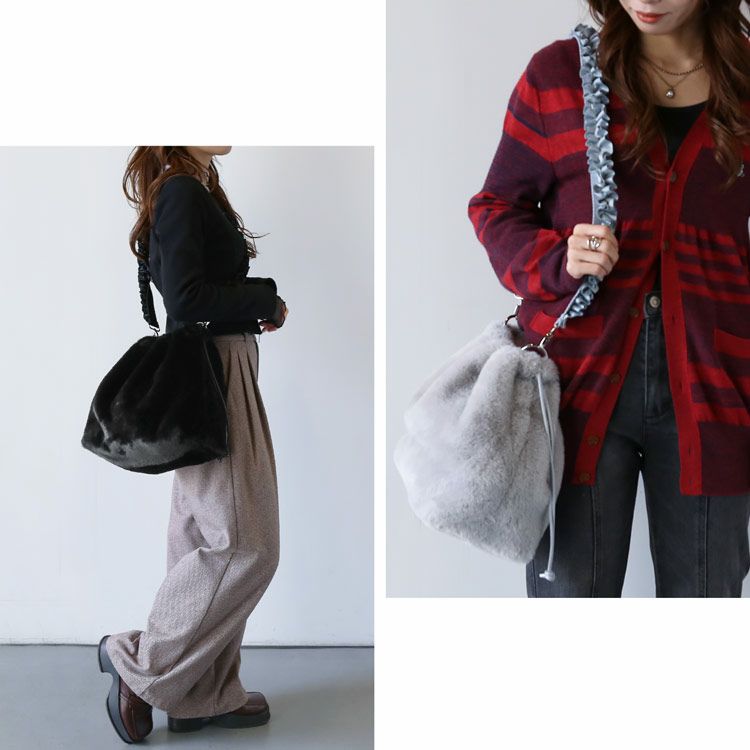 ファーバッグレディースエコファー巾着バッグショルダーバッグフリルフェイクファーA4(07000693r)