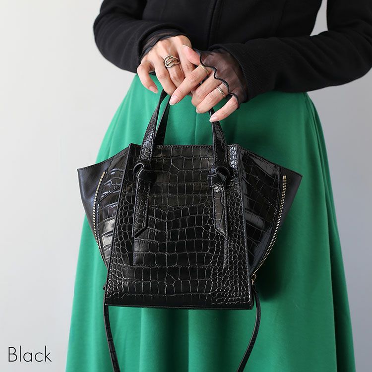 mienoフェイクレザークロコダイル型押しトートバッグレディースブラック